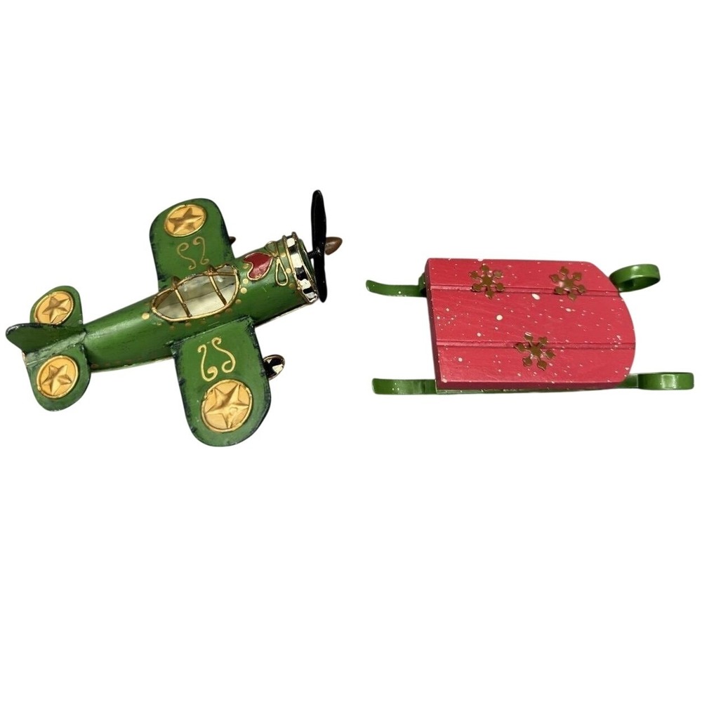 Vintage Style Metal Airplane and Wooden Sled Holiday Decor Set Green Red Gold